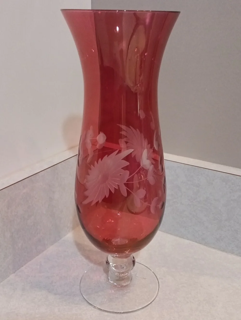 Ruby Red Etched Glass Decorative Vase with Floral Motif